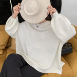 Stretch Mohair-Blend Balloon Sleeves Loose Solid Round-Neck Sweater Tops