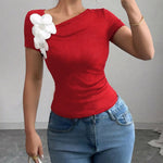Short Sleeves Skinny Pleated Solid Color Three-Dimensional Flower Asymmetric Collar T-Shirts Tops