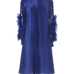Long Sleeves Loose Embroidered Pleated Solid Color Round-Neck Midi Dresses