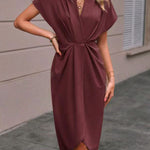 High-Low Loose Knot Pleated Solid Color Split-Front V-Neck Midi Dresses