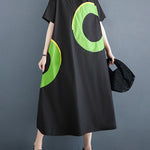 Loose Short Sleeves Contrast Color Pockets Printed Round-Neck Midi Dresses