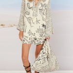 Live By Water Satin Unique Print Tassle Shirt and Elastic Waist Shorts Set