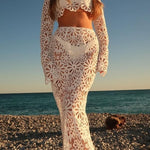 Balmy Summers Crochet Lace Floral Pattern Long Sleeve Crop Vacation Top