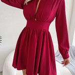 A-Line Elasticated Waist Hollow Solid Color Zipper Half Turtleneck Mini Dresses