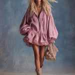 Elegant Western Hooded Front Zipper Ruffled Hem Pink Leopard Print Fuax Suede Mini Dress