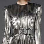 A-Line Flared Sleeves Belted Pleated Solid Color Round-Neck Mini Dresses
