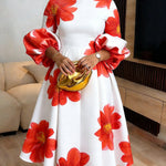 High Waisted Long Sleeves Contrast Color Elasticity Flower Print Pleated Split-Joint Mock Neck Midi Dresses