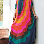 Batwing Sleeves Loose Contrast Color Printed Sun Protection Round-Neck Maxi Dresses