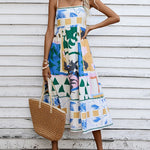 High Waisted Sleeveless Pleated Printed Split-Joint Collarless Midi Dresses Slip Dress