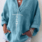 Women's Faith Printed Casual Long Sleeve V-Neck Cotton And Linen Shirt