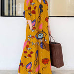 Long Sleeves Loose Buttoned Pockets Printed Lapel Maxi Dresses Shirt Dress