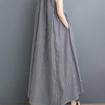 Cap Sleeve Loose Buttoned Striped Lapel Maxi Dresses Shirt Dress