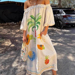 A-line Long Sleeves Contrast Color Pleated Pockets Printed Split-back Split-Joint Off-the-shoulder Maxi Dresses