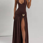 Back Stretch Equipment Bodycon Buckle Pleated Solid Color Split-Joint Split-Side Halter-Neck Maxi Dresses