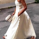 Halter Square Neck Side Button Fringe Flare Maxi Dress