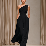 Women's Elegant Black Stretchy Knit Sleeveless One-shoulder Top And Wide-leg Pants Set MDZ0515A4AN