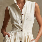 Retro Casual Off-white Stand-collar Sleeveless Denim Midi Dress