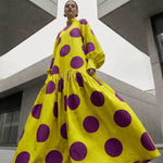 Long Sleeves Loose Big Hemline Contrast Color Pleated Polka Dot Split-Joint Half Turtleneck Maxi Dresses