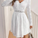 High Waisted Long Sleeves Hollow Lacy Solid Color Split-Joint V-Neck Mini Dresses
