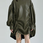 High-Low Long Sleeves Drawstring Pleated Solid Color Stand Collar Mini Dresses