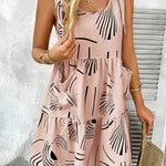 A-Line Loose Contrast Color Pleated Pockets Printed Tied Spaghetti-Neck Mini Dresses