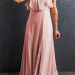 Light Pink Spaghetti Straps V Neck Ruffled Split Long Dress