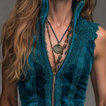 Bohemian Style Stand-collar Vest With Front Zipper And Lace Trim