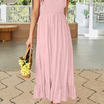 Summer Boho Spaghetti Strap Square Neck Solid Color Ruffle A Line Beach Long Maxi Dress