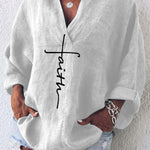 Women's Faith Printed Casual Long Sleeve V-Neck Cotton And Linen Shirt