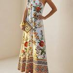 A-Line Sleeveless Contrast Color Flower Print Geometric Split-Joint One-Shoulder Maxi Dresses