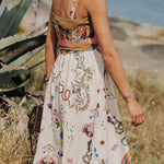 Summer Vibes Linen Blend Unique Print Smocked Belt Midi Dress