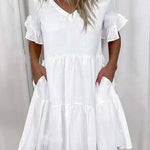 A-Line High Waisted Contrast Color Pleated Pockets Printed Split-Joint V-Neck Midi Dresses