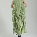 Loose Sleeveless Asymmetric Elasticity Pleated Solid Color Round-Neck Midi Dresses