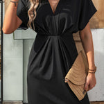 Loose Raglan Sleeve Elasticity Pleated Solid Color Split-Joint V-Neck Mini Dresses