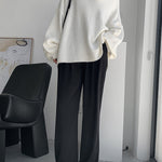 Stretch Mohair-Blend Balloon Sleeves Loose Solid Round-Neck Sweater Tops
