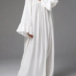 A-Line Flared Sleeves Pleated Solid Color Split-Joint Round-Neck Maxi Dresses