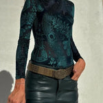 Antarey Velvet Mesh Unique Pattern Long Sleeve Stretch Bodysuit