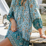 A-Line Loose Contrast Color Flower Print Pleated V-Neck Mini Dresses