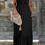 Black Smocked Button Pocketed Spaghetti Strap Maxi Dress
