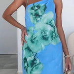 Elegant One-shoulder Printed Chiffon Dress