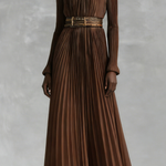Women's Elegant Brown Chiffon High-neck Long-sleeved Maxi Dress
