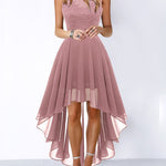 A-Line High Waisted Pleated See-Through Split-Joint Tied Waist Round-Neck Maxi Dresses