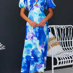 V Neck Twist Front Puff Sleeves Floral Print Midi Dress