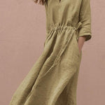 Lace-up V-neck cotton linen mid-sleeve dress