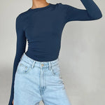 Long Sleeves Skinny Hollow Solid Color Round-Neck T-Shirts Tops