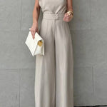 Fashionable One-shoulder Ruffled Top and Casual Simple Straight-leg Suit Pants Set