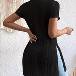 Short Sleeves Pleated Solid Color Split-Joint Split-Side Round-Neck T-Shirts