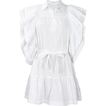 A-Line High Waisted Buttoned Pleated Ruffled Solid Color Tied Waist Lapel Mini Dresses