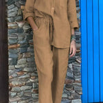 Casual Solid Color V-Neck Shirt & Pants Cotton Linen Two-Piece Set