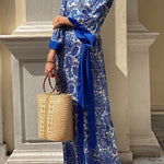 A-Line Flared Sleeves Pleated Printed Split-Joint Tied Waist V-Neck Maxi Dresses